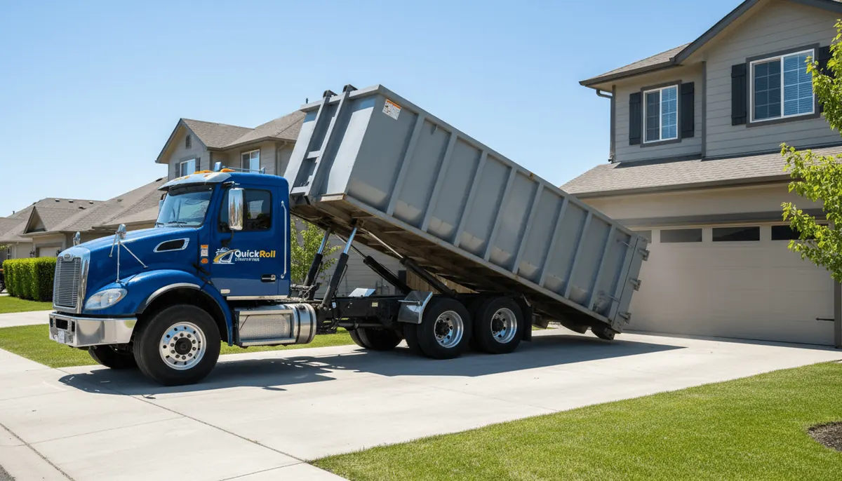 Dumpster rental in Fayetteville, NC Quick Roll Dumpsters roll-off truck tipping a container onto a driveway in Fayetteville, North Carolina