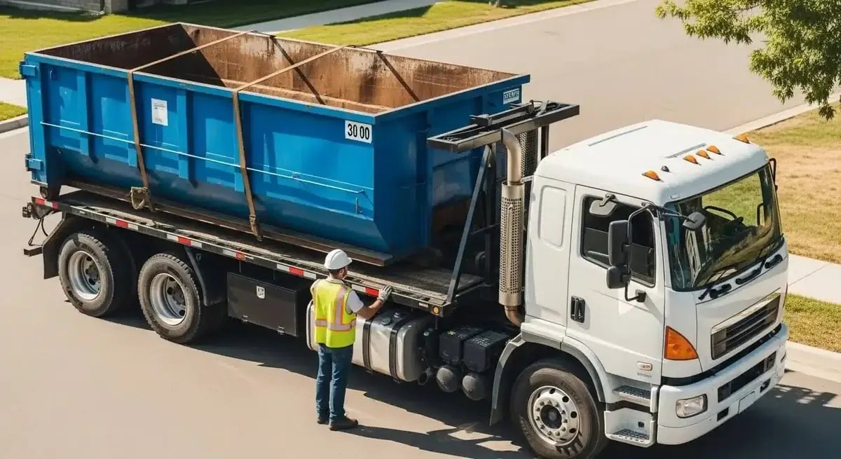 Quick Roll Dumpsters roll-off truck carrying a container in Fayetteville
