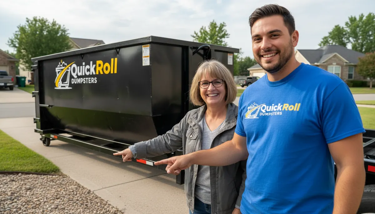 Smiling homeowner and a Quick Roll Dumpsters team member beside a roll-off container at the curb in Fayetteville