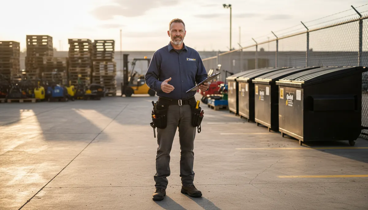 Yard supervisor standing among rows of roll-off containers at the Quick Roll Dumpsters yard