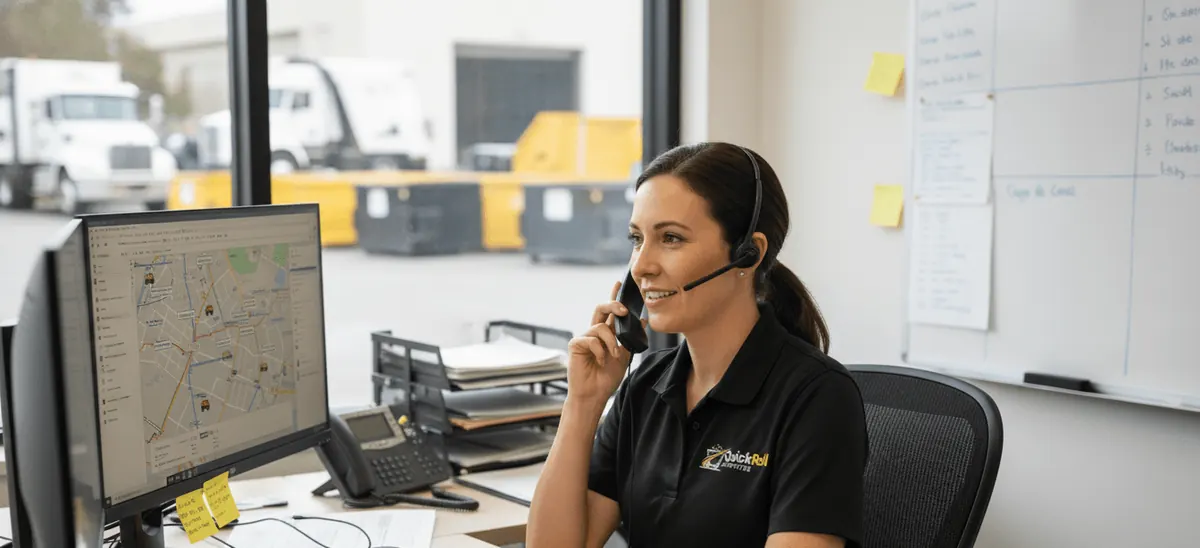 Dispatcher on the phone at a desk with a map on the screen, scheduling dumpster drop-offs