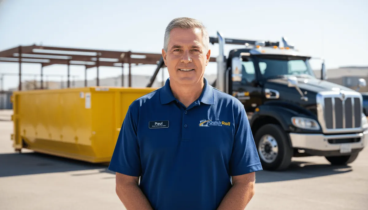 Driver standing beside a Quick Roll Dumpsters roll-off truck and a yellow container